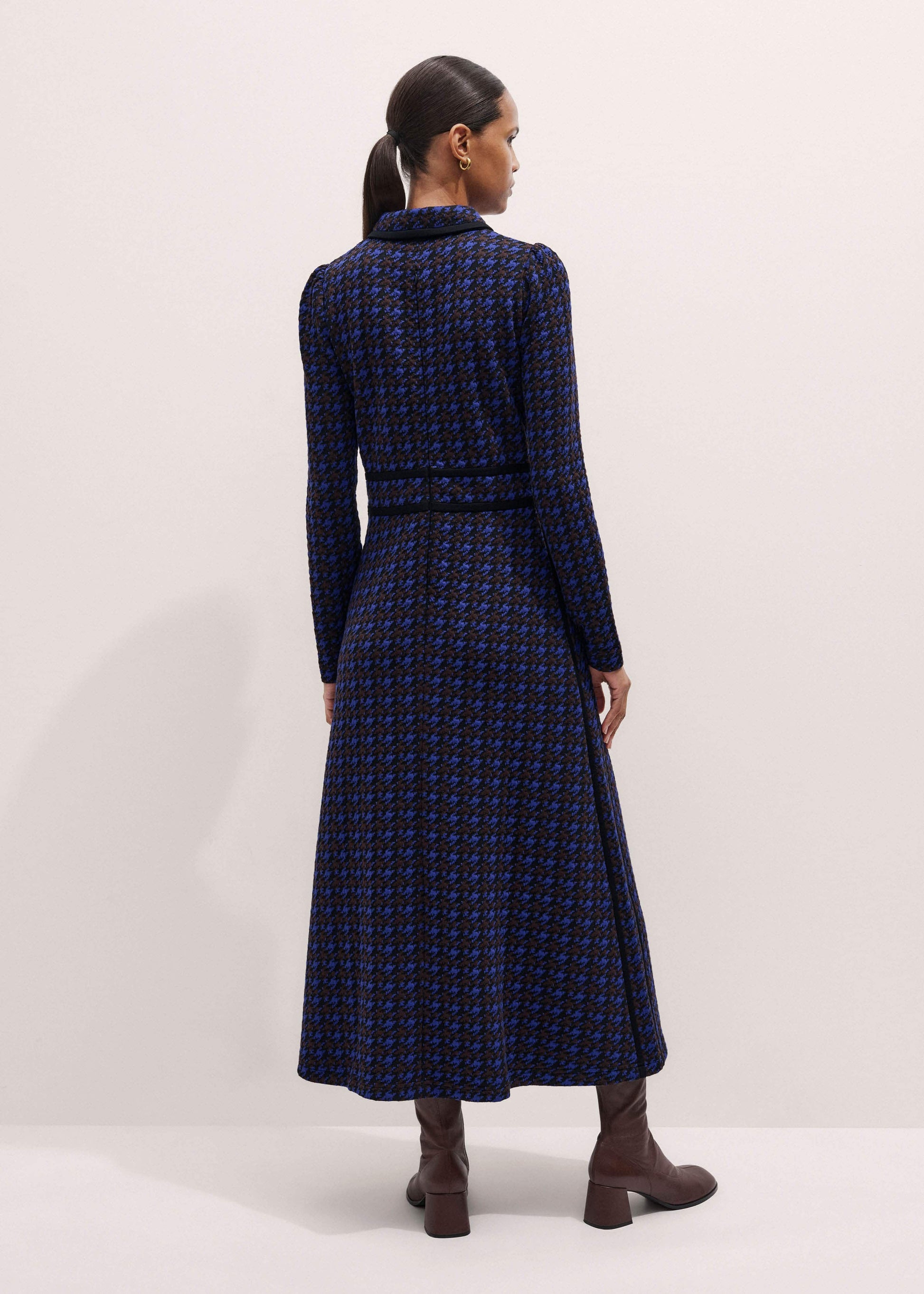 Navy Houndstooth Jacquard Ponte Zip Neck Maxi Dress