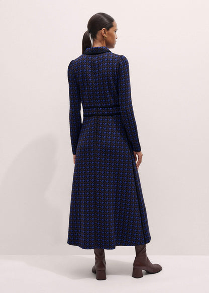 Navy Houndstooth Jacquard Ponte Zip Neck Maxi Dress