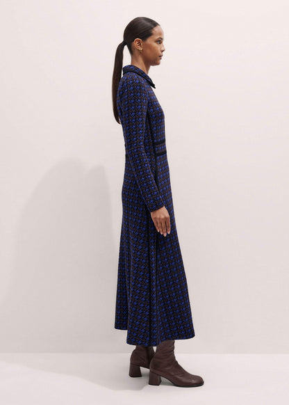 Navy Houndstooth Jacquard Ponte Zip Neck Maxi Dress