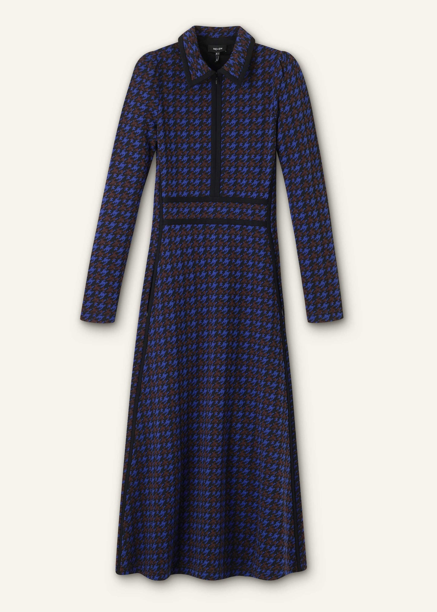 Navy Houndstooth Jacquard Ponte Zip Neck Maxi Dress