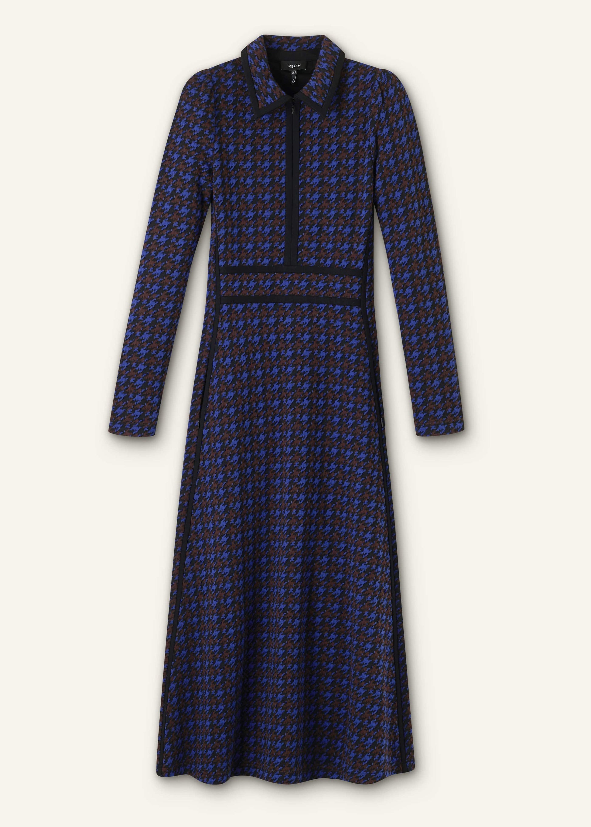 Navy Houndstooth Jacquard Ponte Zip Neck Maxi Dress