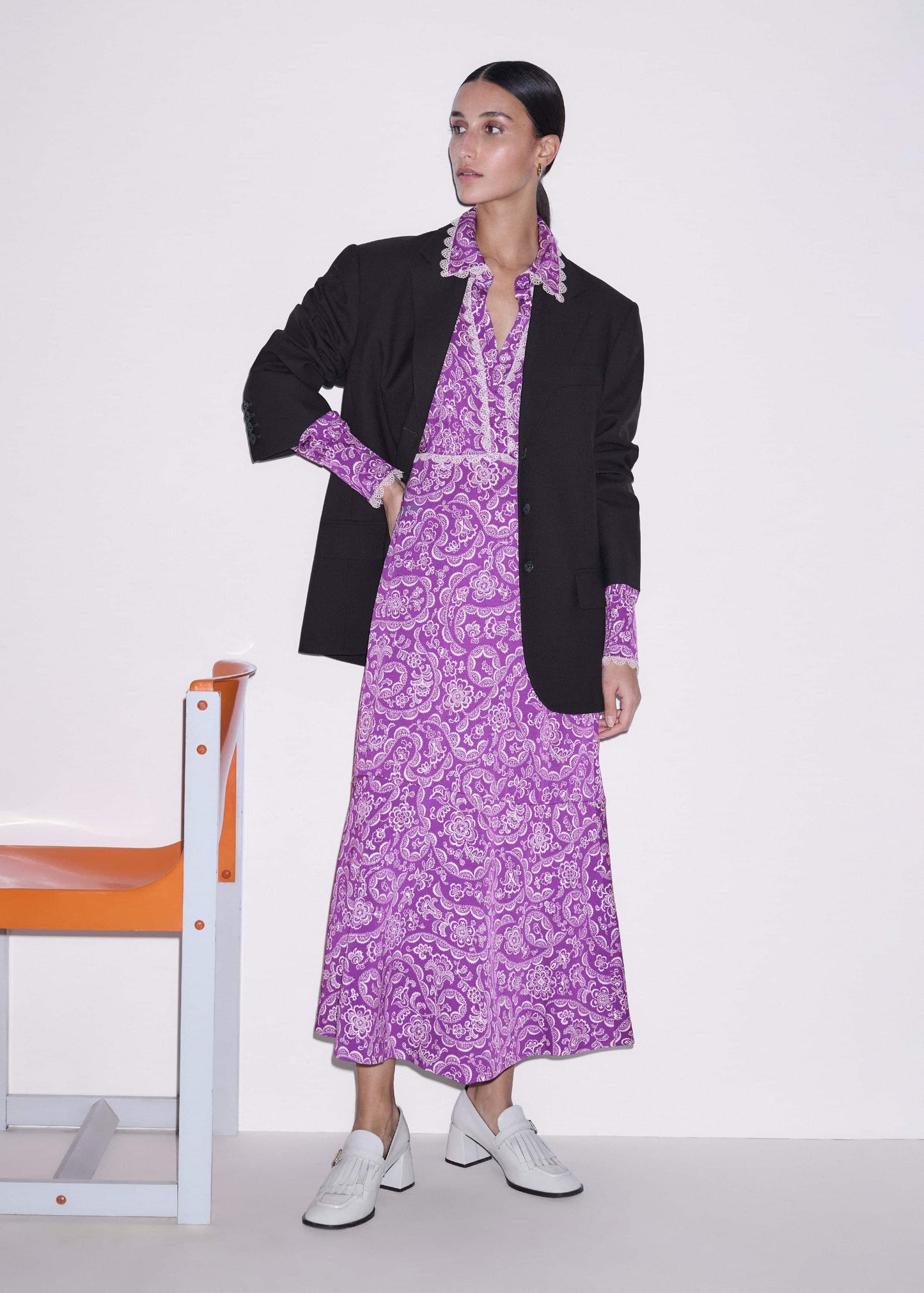 Purple Entangled Lace Print Fit + Flare Maxi Dress