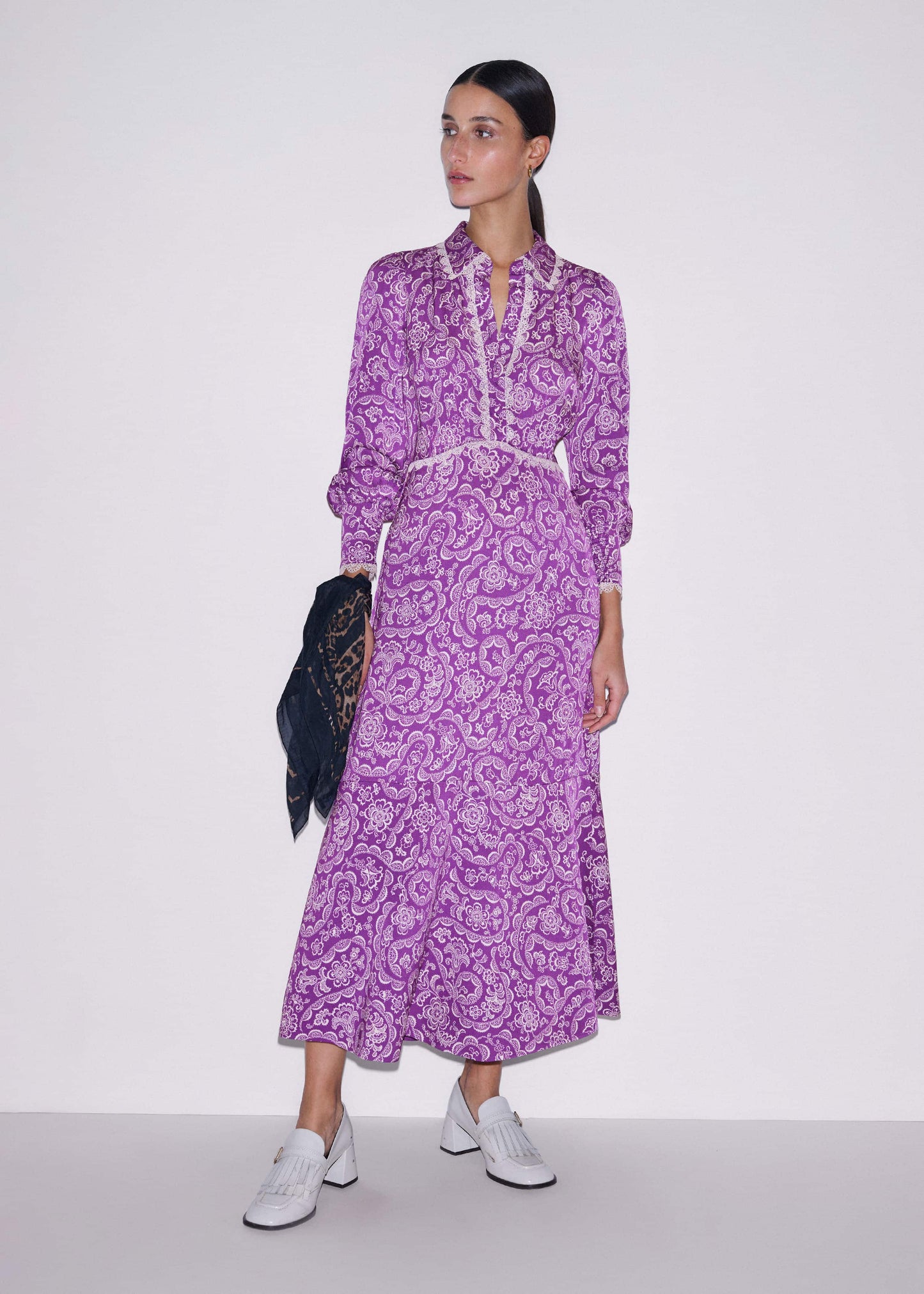 Purple Entangled Lace Print Fit + Flare Maxi Dress