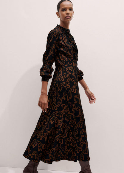 Black Floral Scroll Print Crepe Signature Maxi Dress