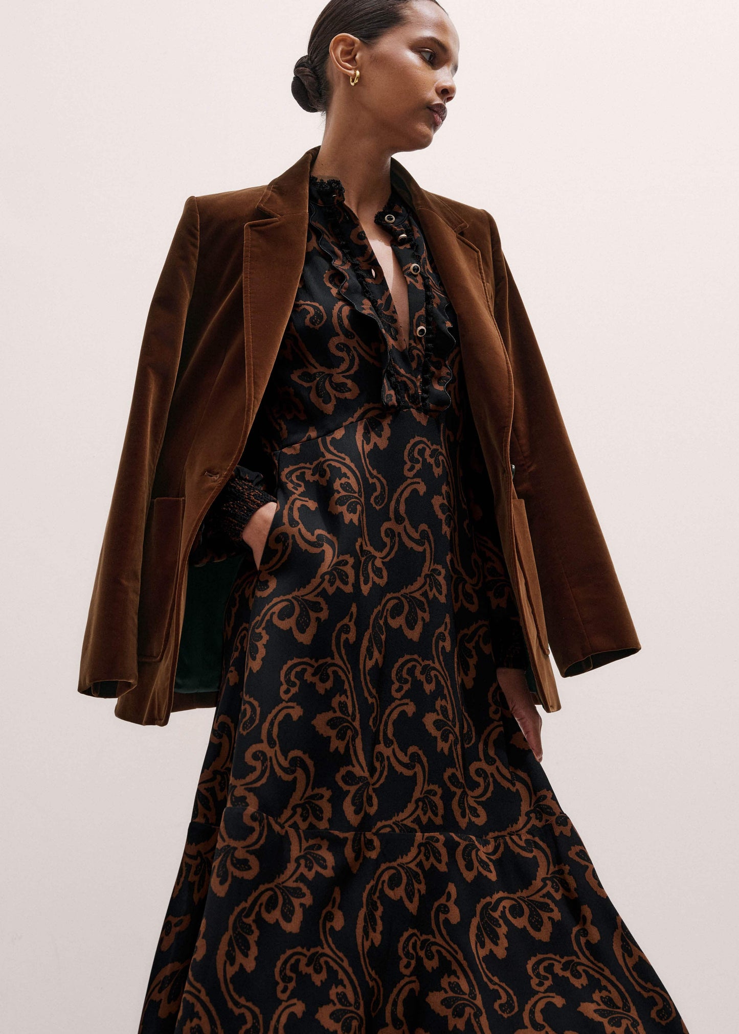 Black Floral Scroll Print Crepe Signature Maxi Dress