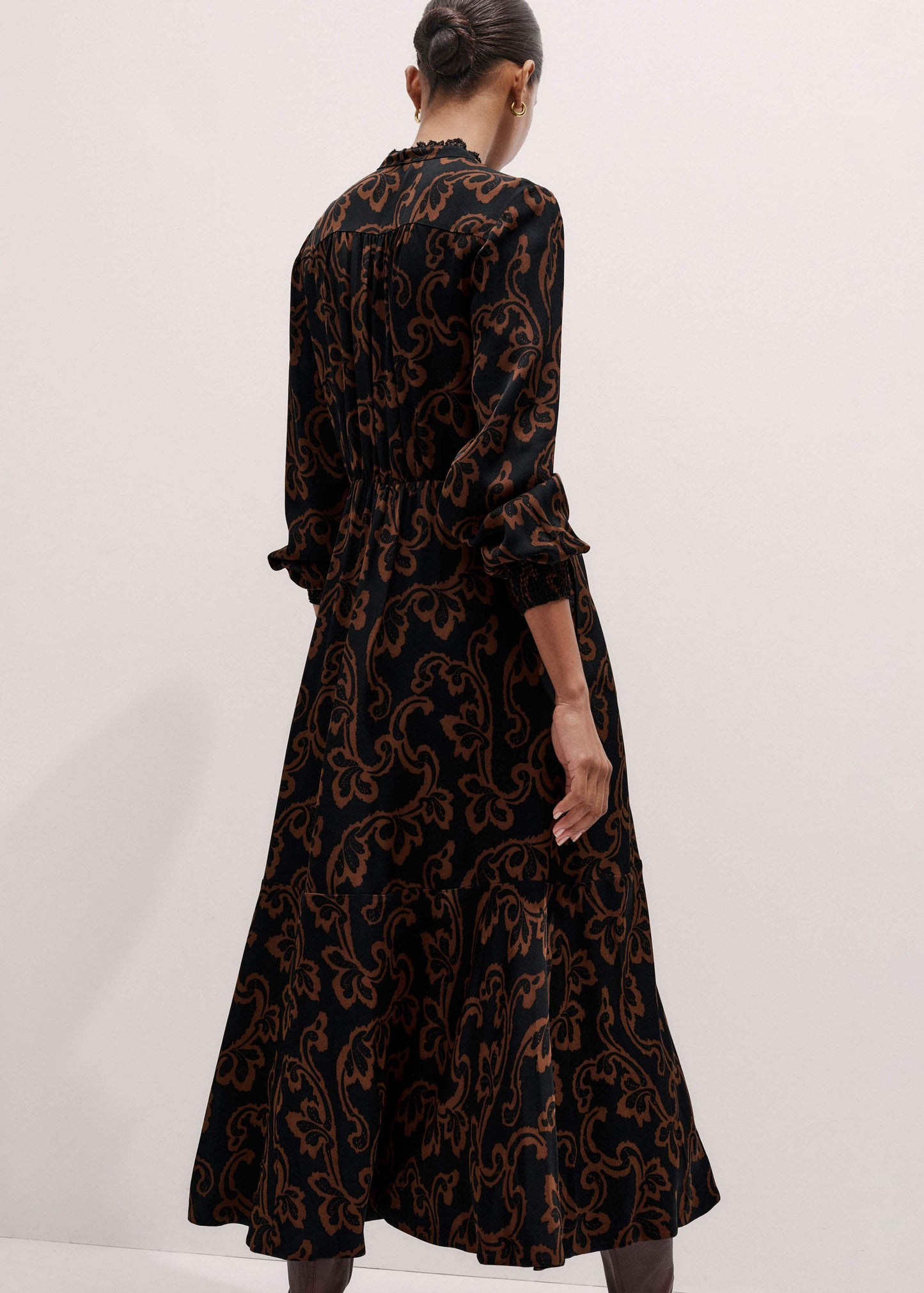 Black Floral Scroll Print Crepe Signature Maxi Dress