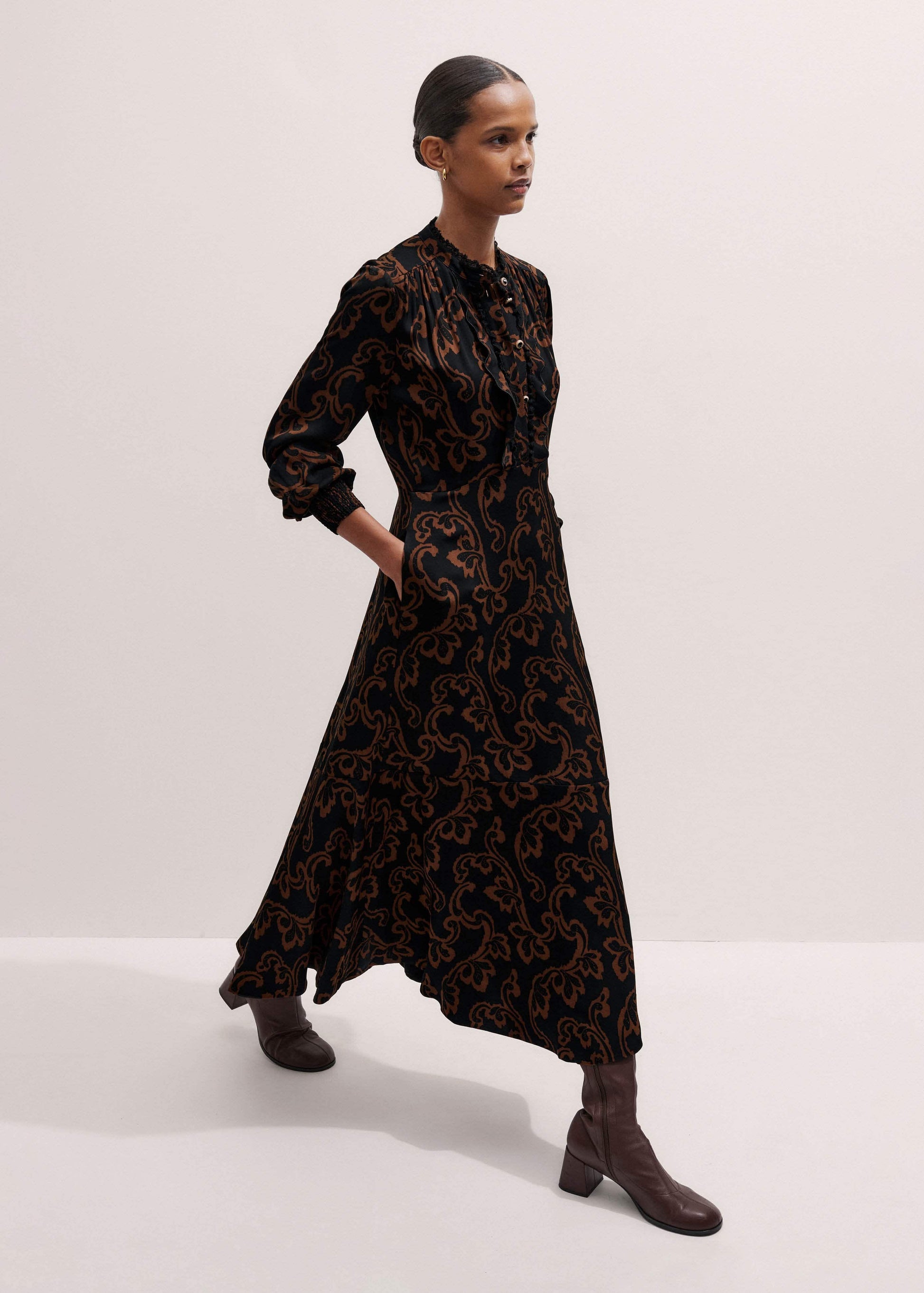 Black Floral Scroll Print Crepe Signature Maxi Dress
