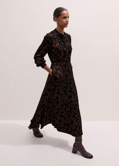 Black Floral Scroll Print Crepe Signature Maxi Dress