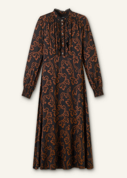 Black Floral Scroll Print Crepe Signature Maxi Dress