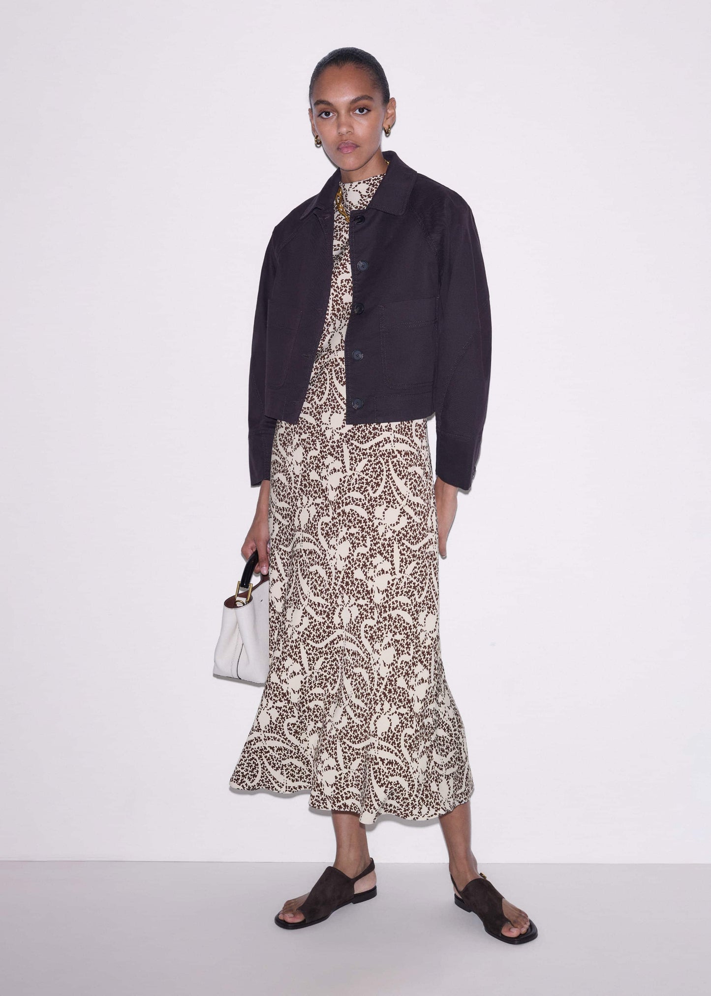 Brown Speckled Bloom Print Bias Cut Maxi Dress