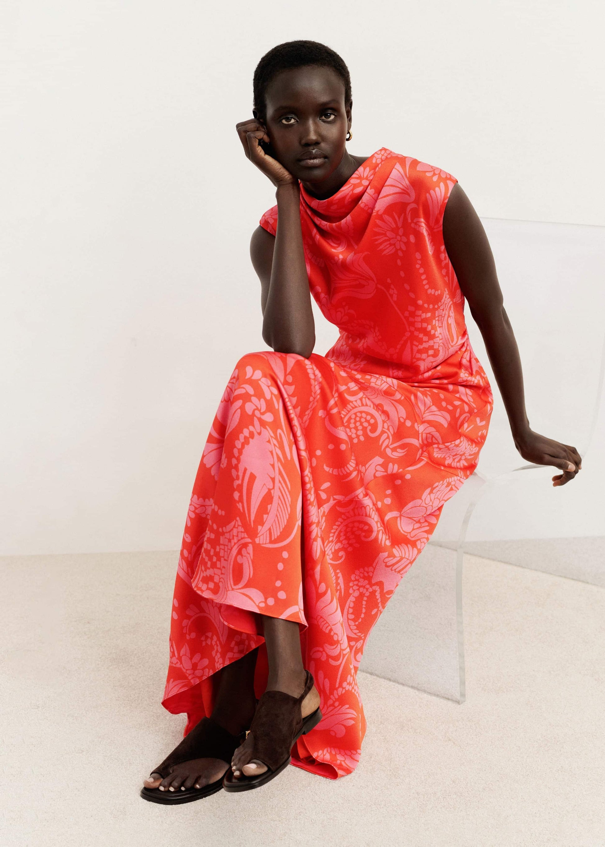 Orange Stylised Silhouette Print Bias Cut Full Length Dress
