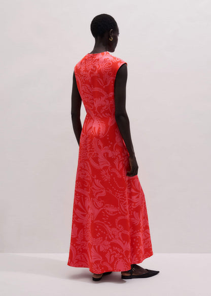 Orange Stylised Silhouette Print Bias Cut Full Length Dress