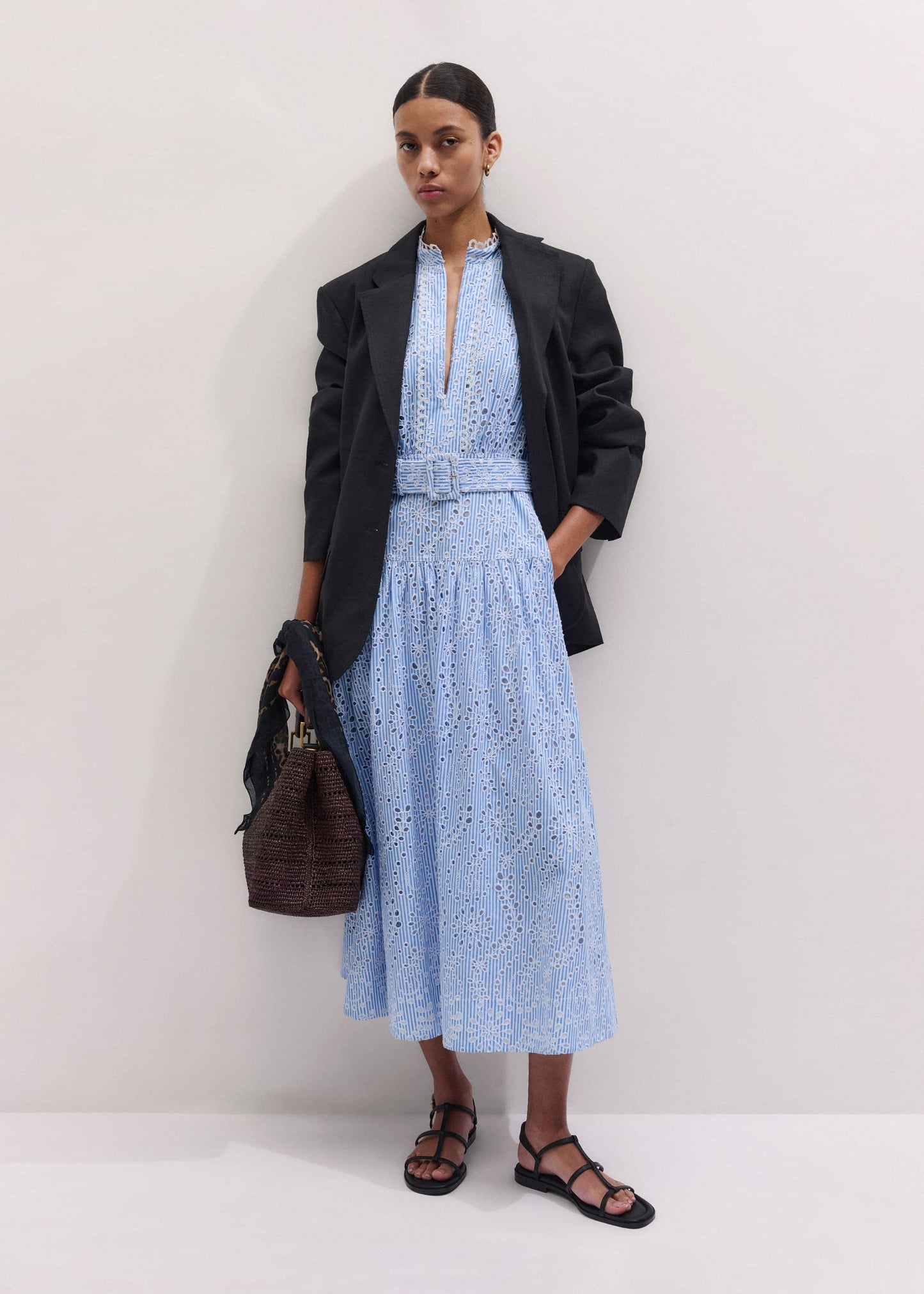 Blue Broderie Anglaise Fit + Flare Maxi Dress