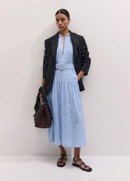 Blue Broderie Anglaise Fit + Flare Maxi Dress