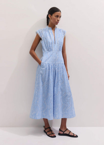 Blue Broderie Anglaise Fit + Flare Maxi Dress