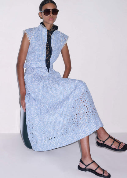 Blue Broderie Anglaise Fit + Flare Maxi Dress