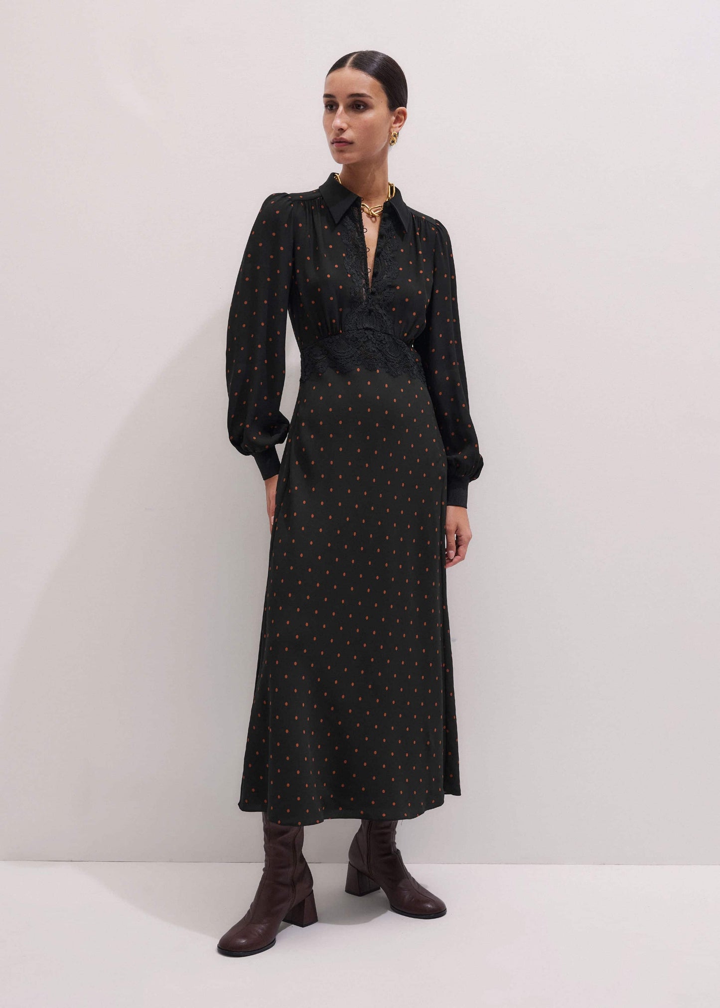 Black Winter Polka Dot Lace Trim Maxi Dress
