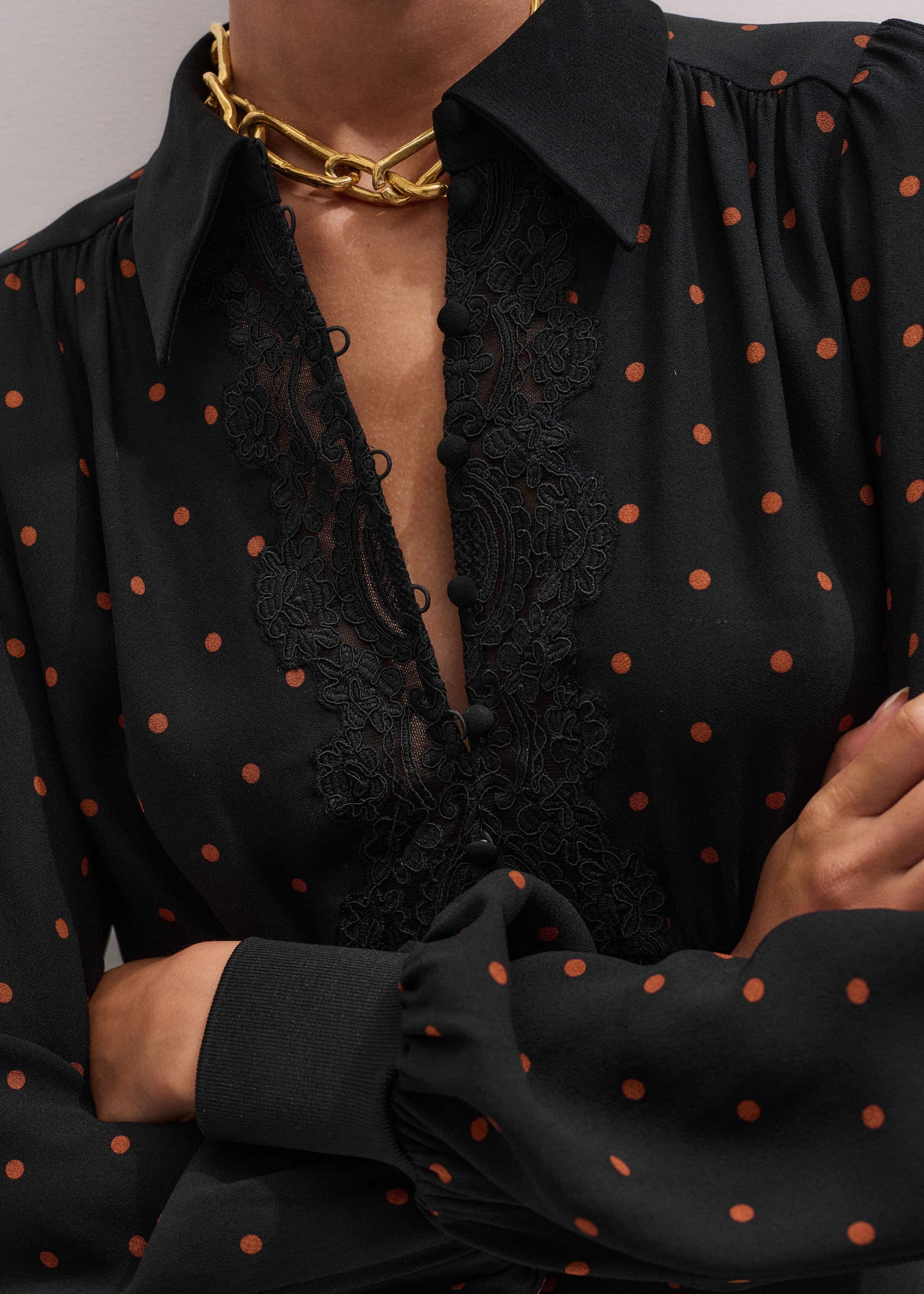 Black Winter Polka Dot Lace Trim Maxi Dress