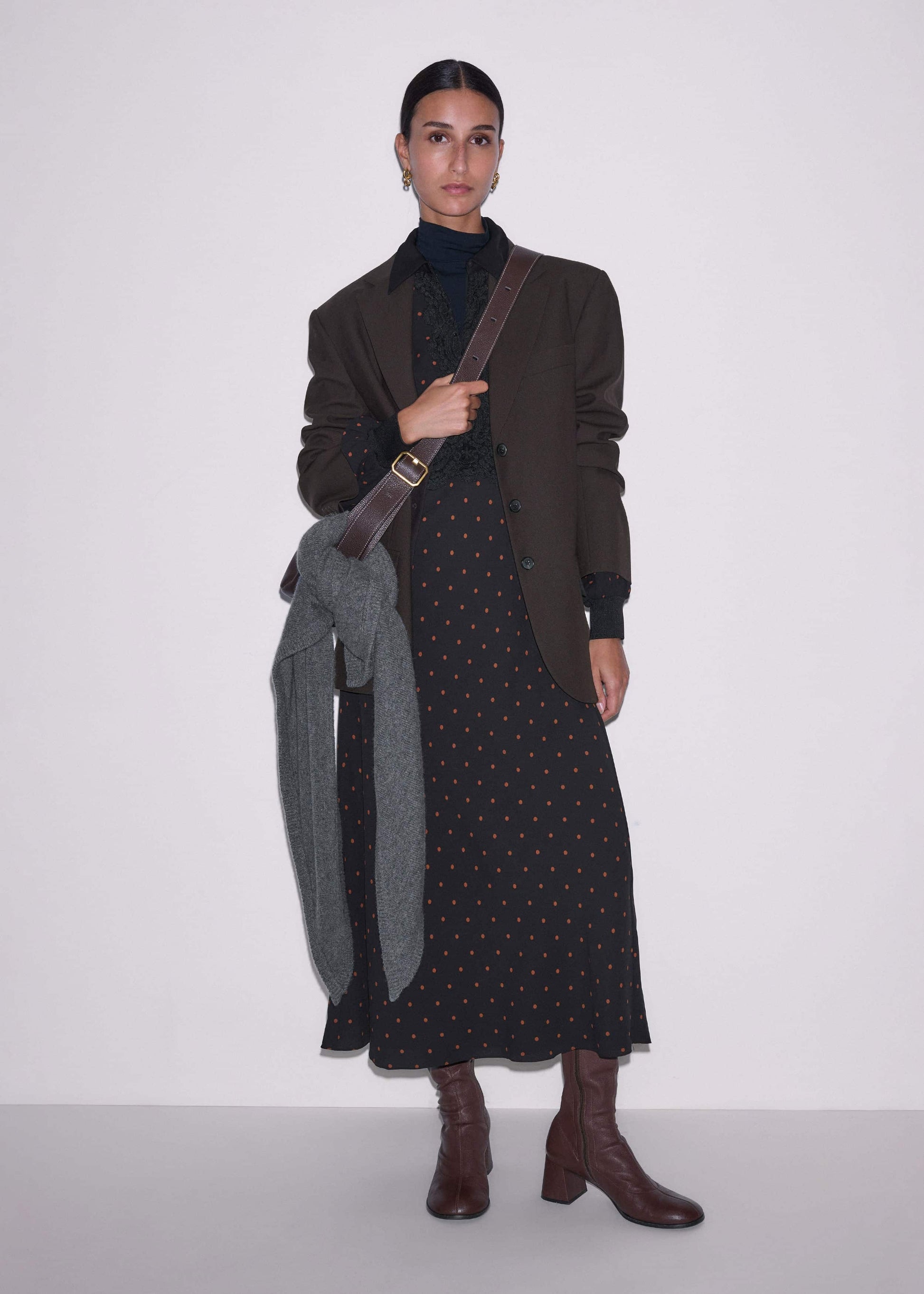 Black Winter Polka Dot Lace Trim Maxi Dress