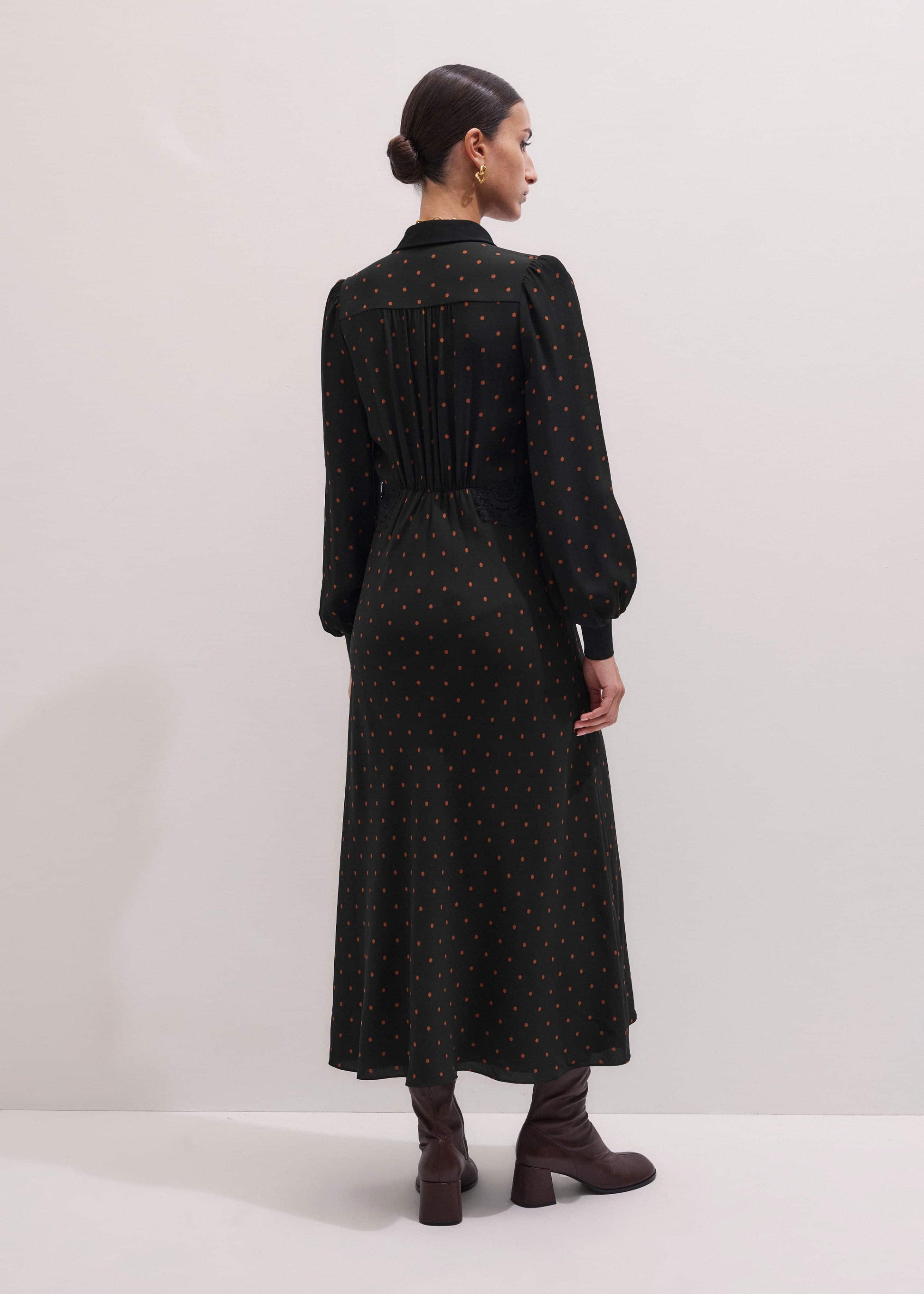 Black Winter Polka Dot Lace Trim Maxi Dress