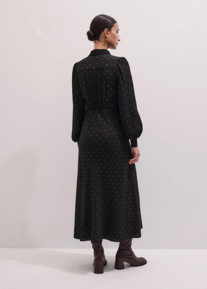 Black Winter Polka Dot Lace Trim Maxi Dress
