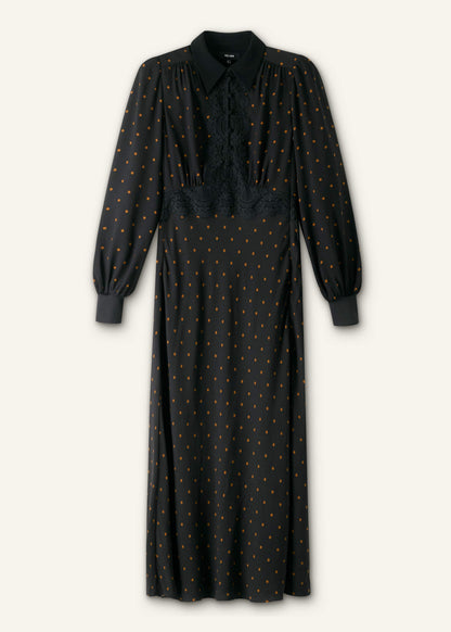 Black Winter Polka Dot Lace Trim Maxi Dress