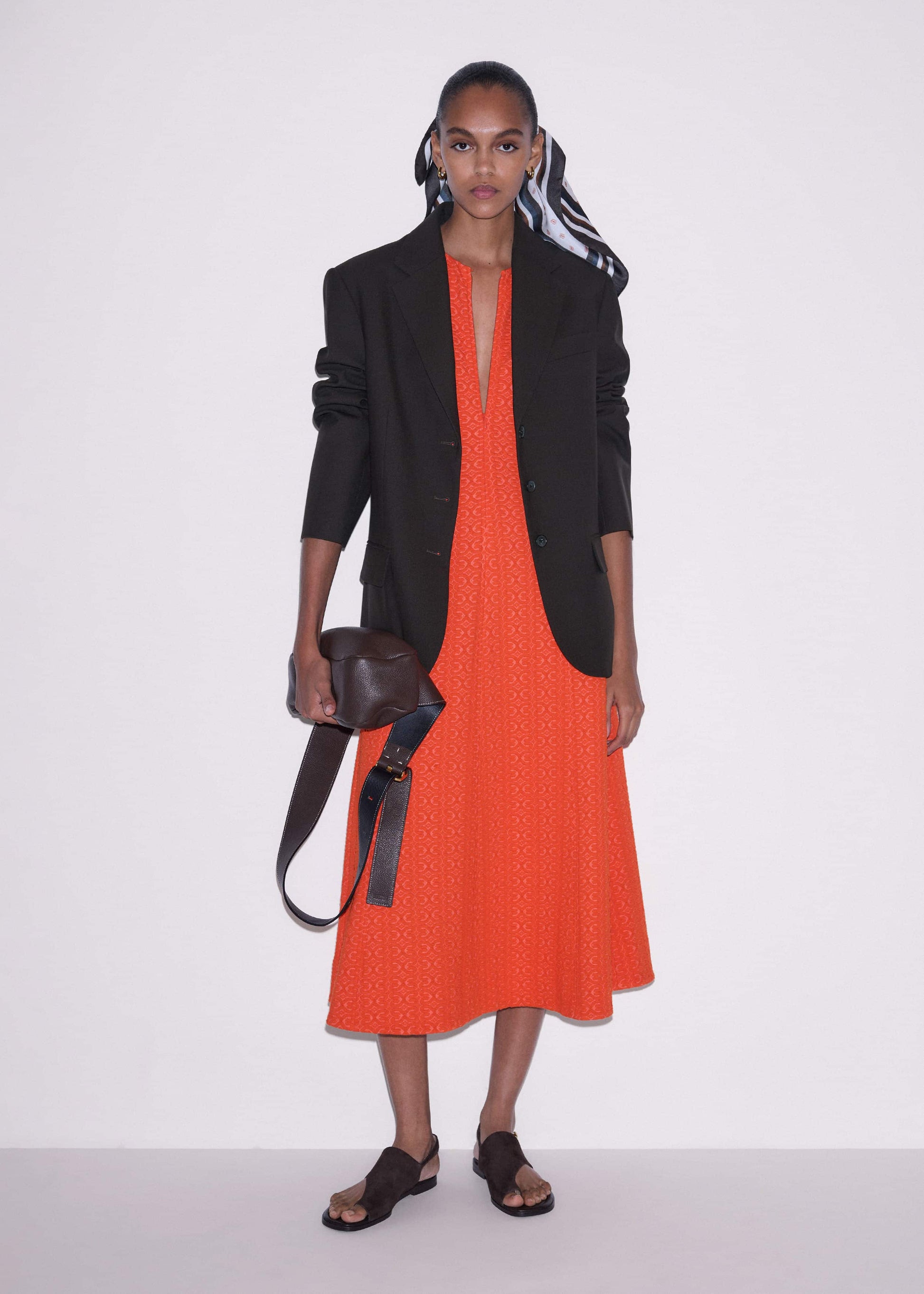 Orange Curling Crosses Jacquard Midi Dress