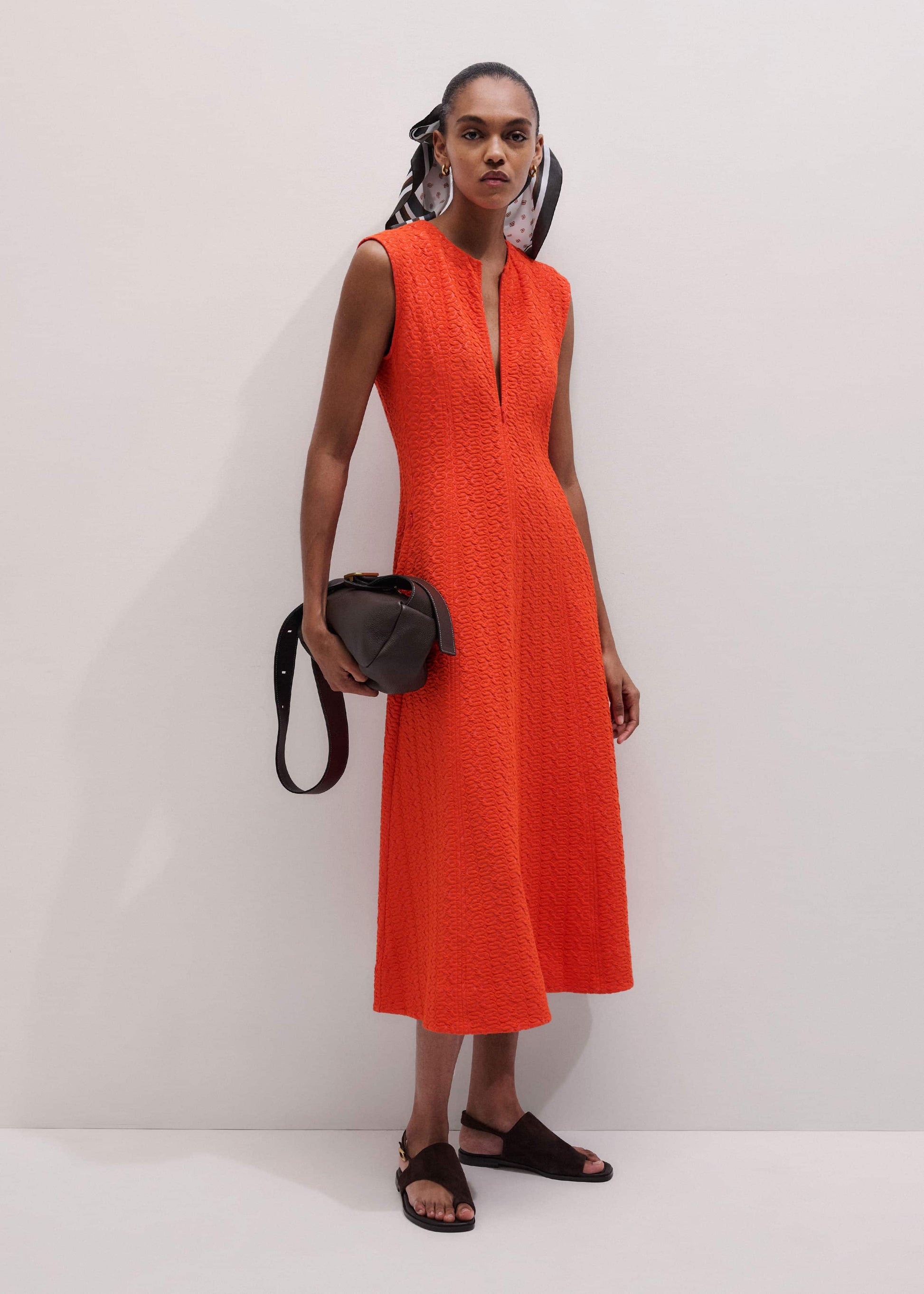 Orange Curling Crosses Jacquard Midi Dress