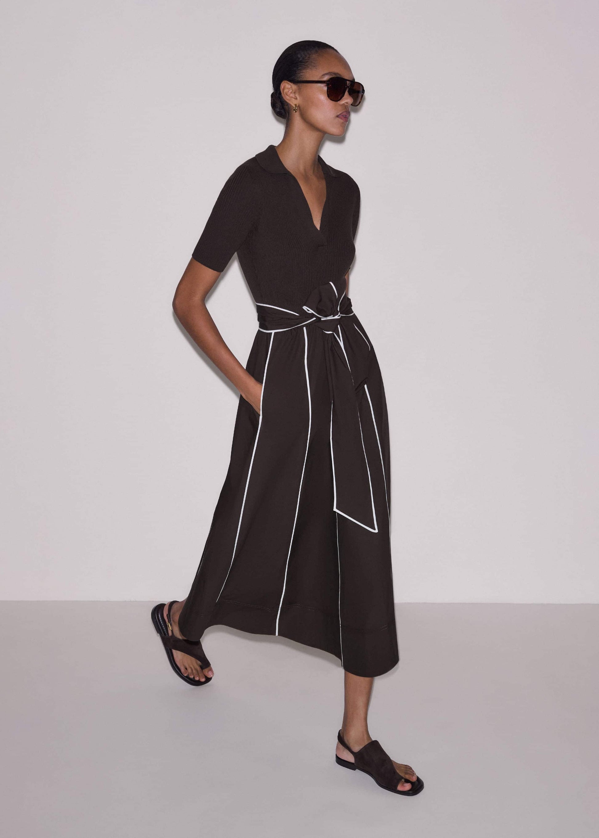 Brown Mixed Media Fit And Flare Midi Dress + Belt