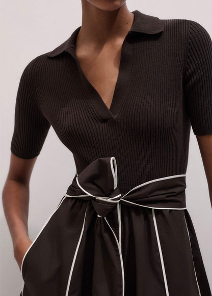 Brown Mixed Media Fit And Flare Midi Dress + Belt