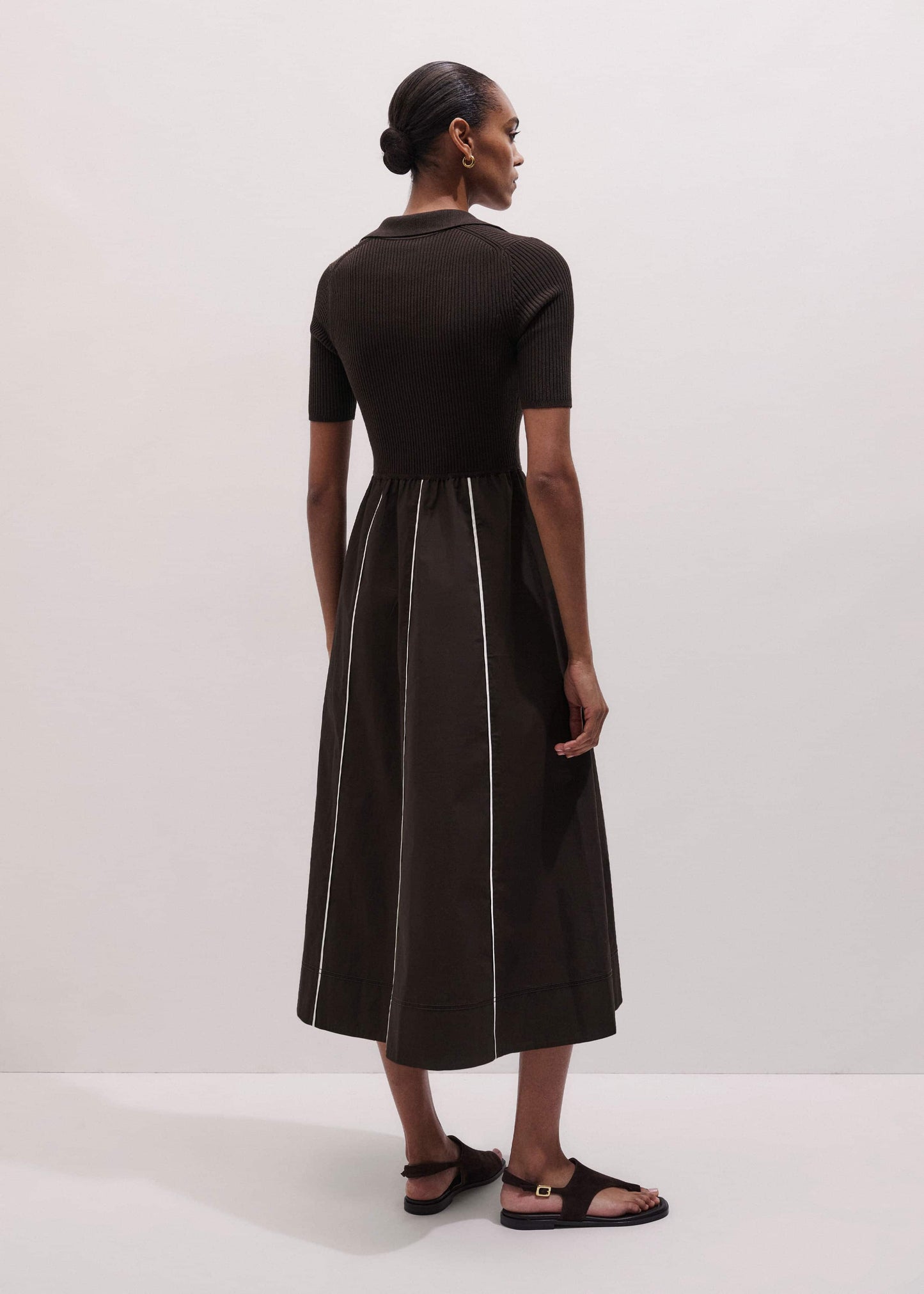 Brown Mixed Media Fit And Flare Midi Dress + Belt