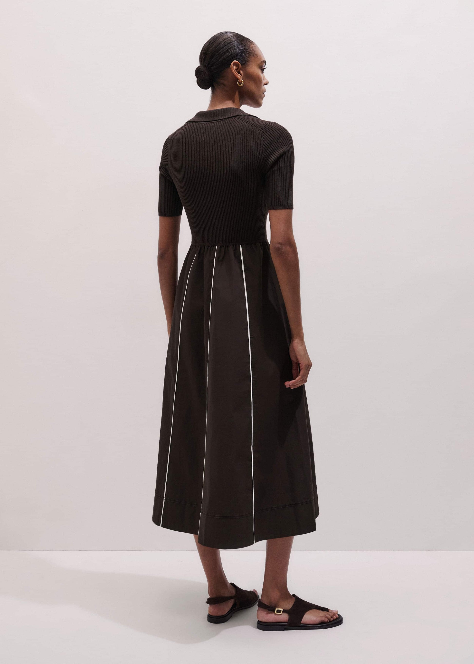 Brown Mixed Media Fit And Flare Midi Dress + Belt