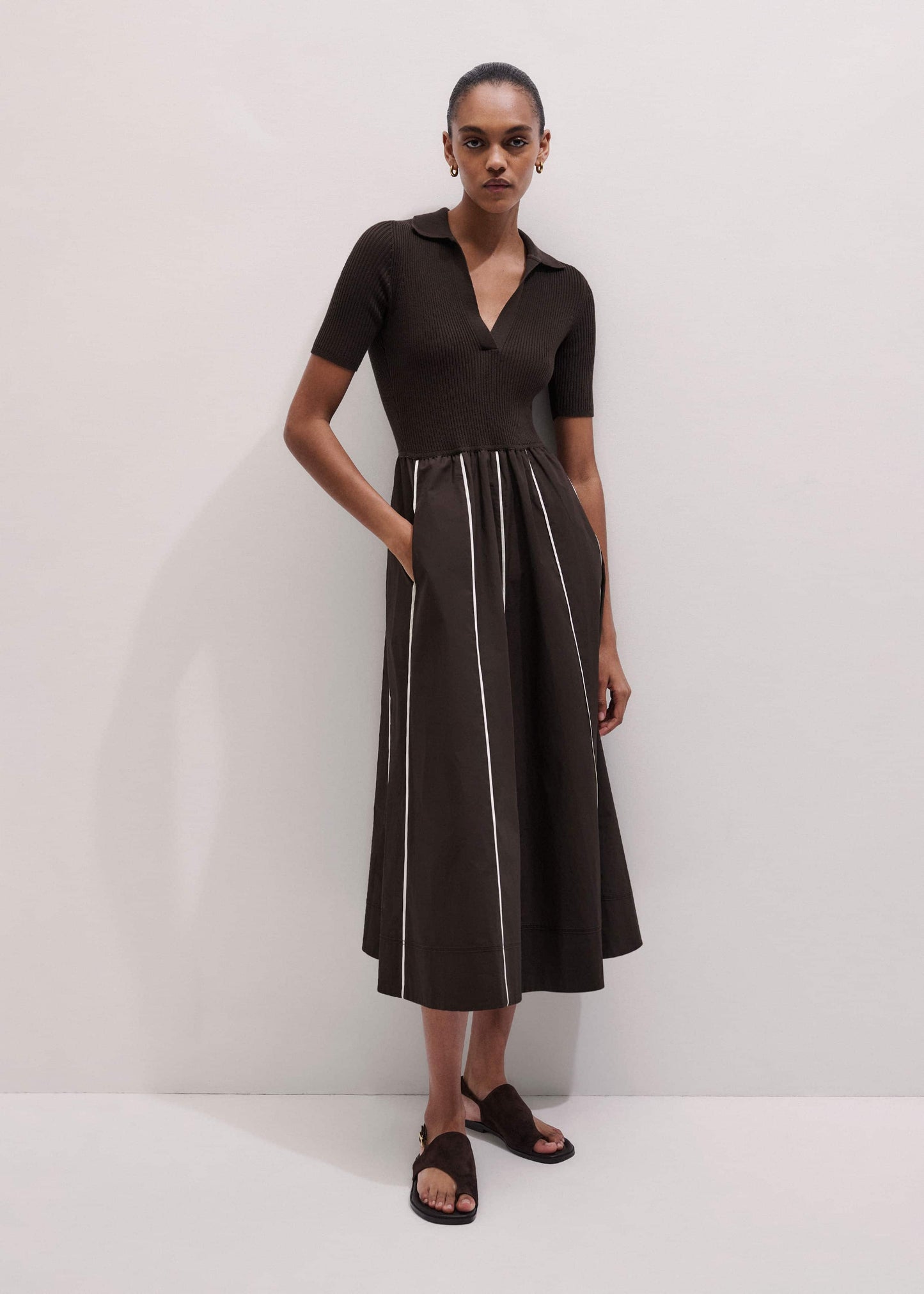 Brown Mixed Media Fit And Flare Midi Dress + Belt