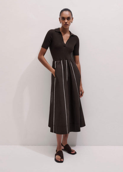 Brown Mixed Media Fit And Flare Midi Dress + Belt