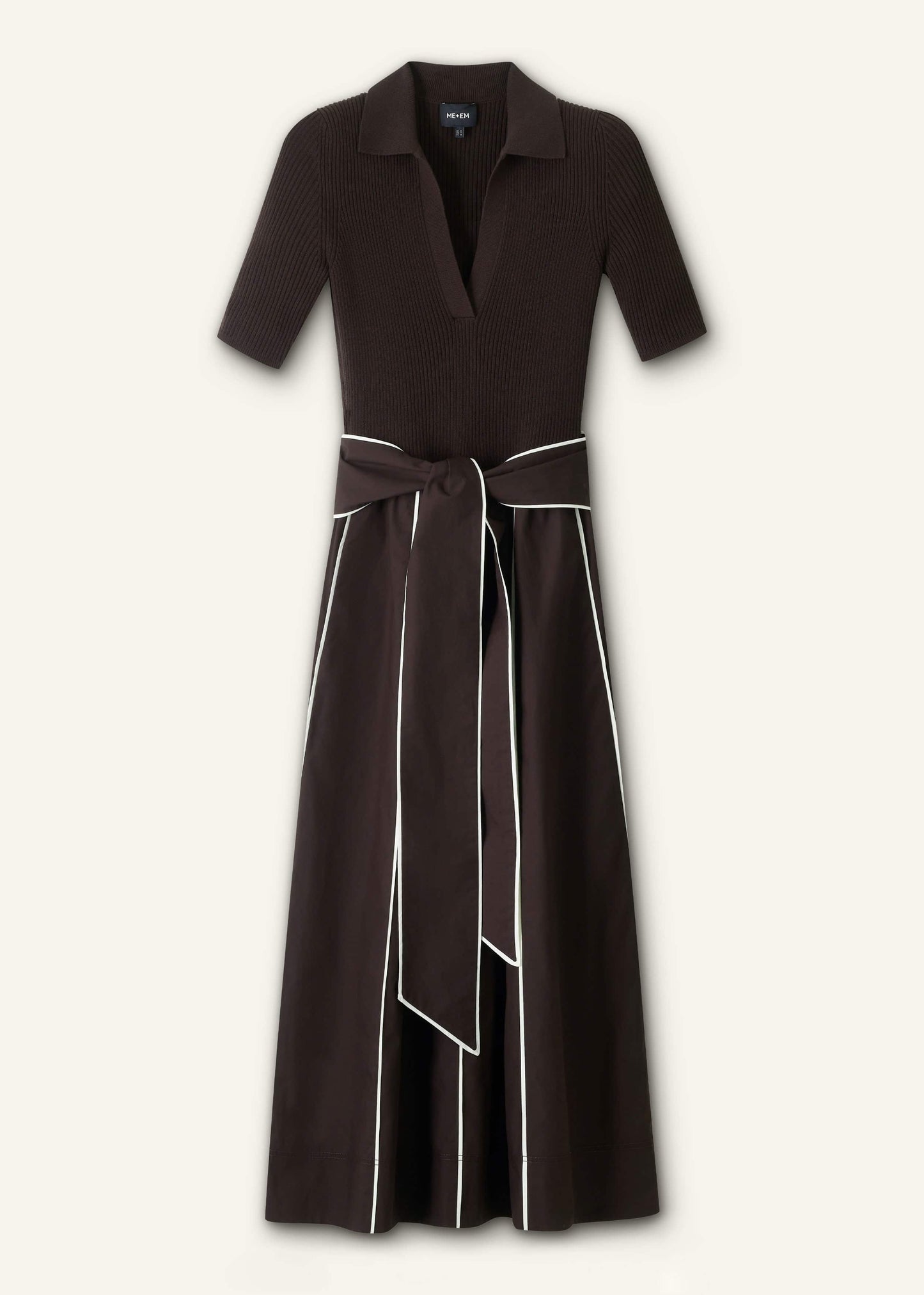 Brown Mixed Media Fit And Flare Midi Dress + Belt