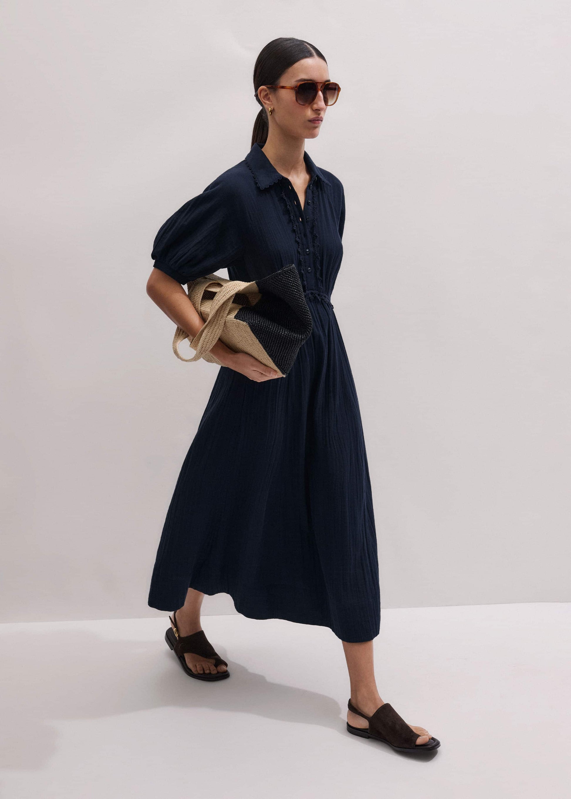 Navy Cheesecloth Intricate Detail Fit + Flare Midi Dress