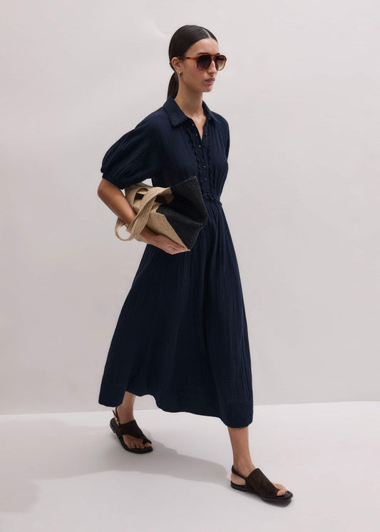 Navy Cheesecloth Intricate Detail Fit + Flare Midi Dress