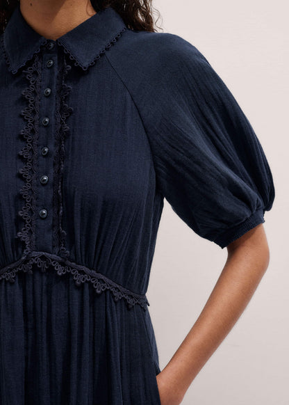 Navy Cheesecloth Intricate Detail Fit + Flare Midi Dress