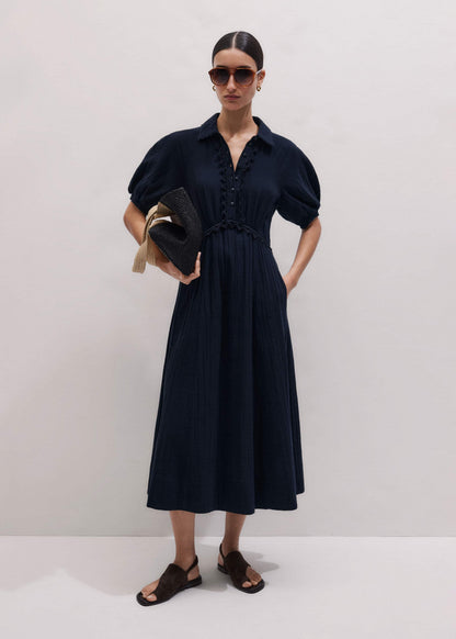 Navy Cheesecloth Intricate Detail Fit + Flare Midi Dress