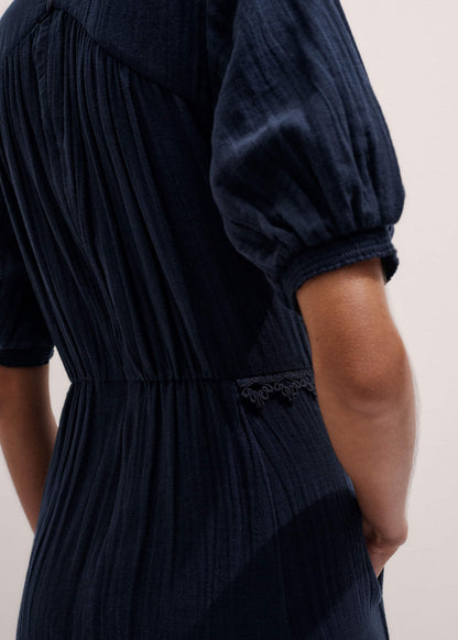 Navy Cheesecloth Intricate Detail Fit + Flare Midi Dress