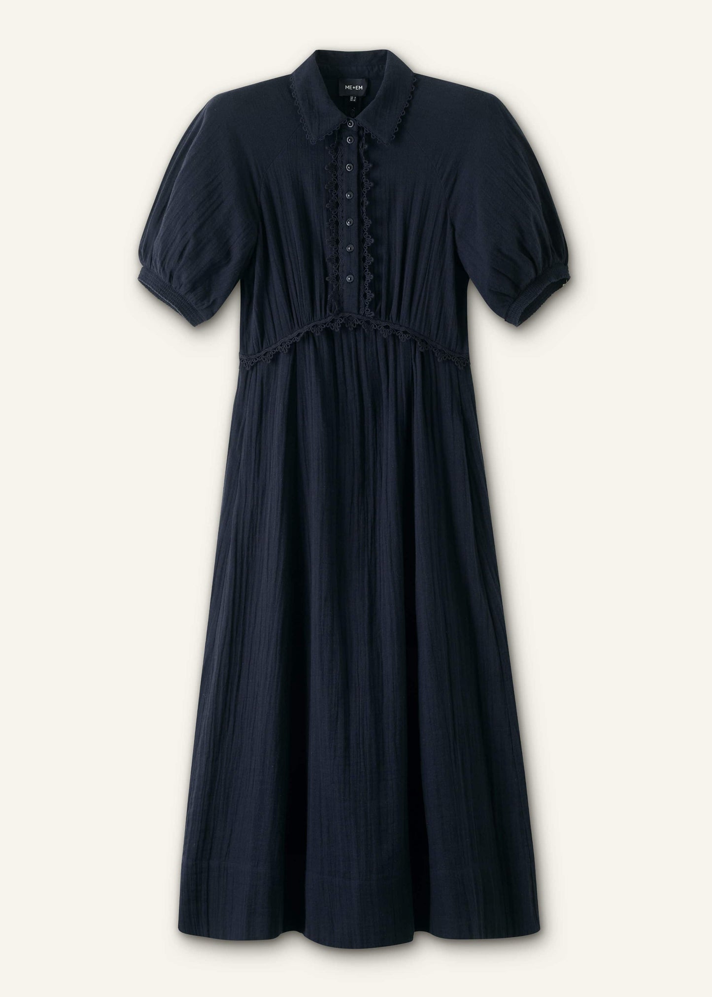 Navy Cheesecloth Intricate Detail Fit + Flare Midi Dress