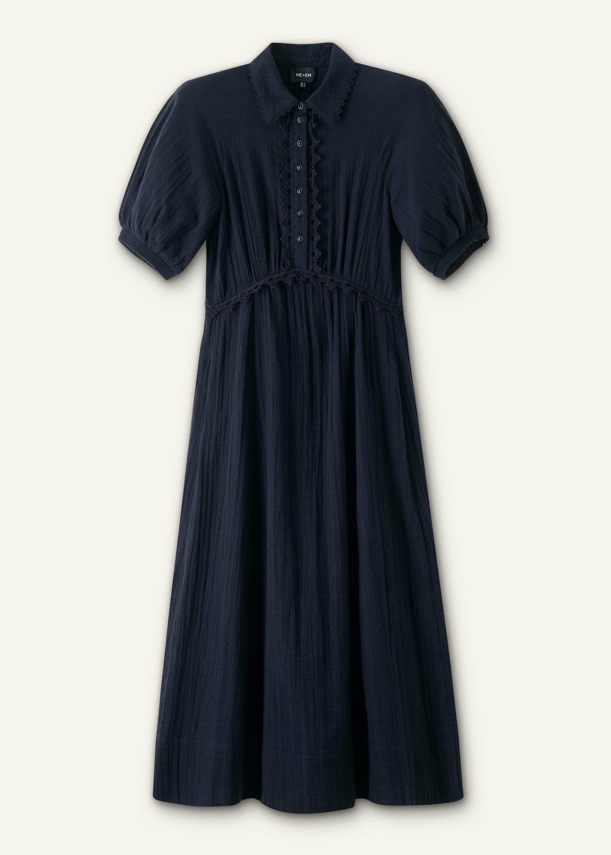 Navy Cheesecloth Intricate Detail Fit + Flare Midi Dress