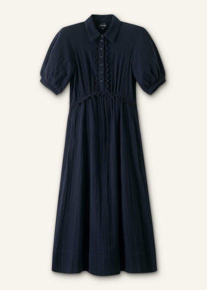 Navy Cheesecloth Intricate Detail Fit + Flare Midi Dress