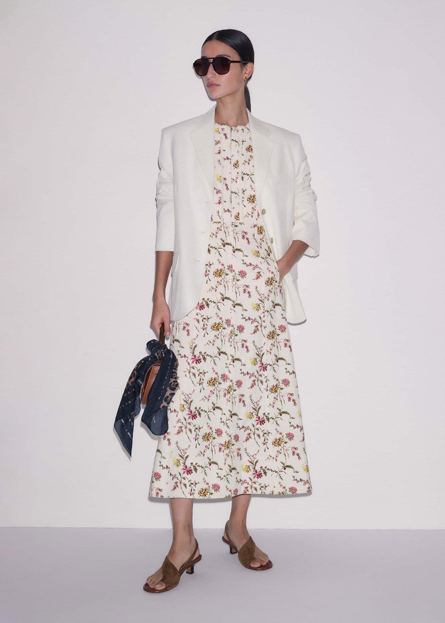 Cream Wild Spring Floral Print Fit + Flare Midi Dress