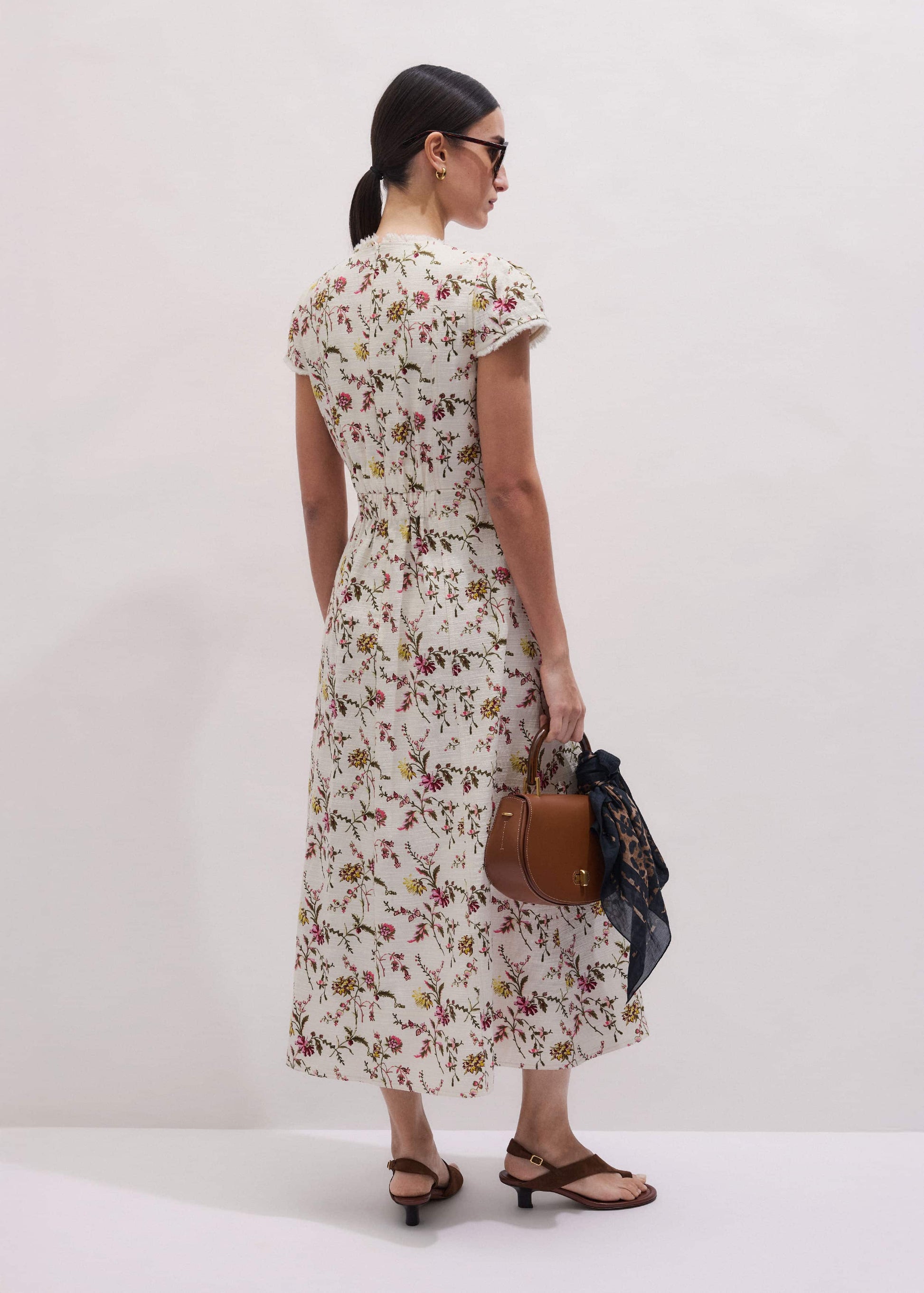 Cream Wild Spring Floral Print Fit + Flare Midi Dress