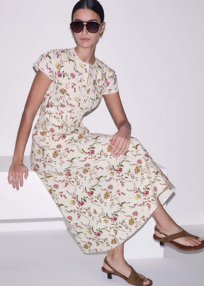 Cream Wild Spring Floral Print Fit + Flare Midi Dress