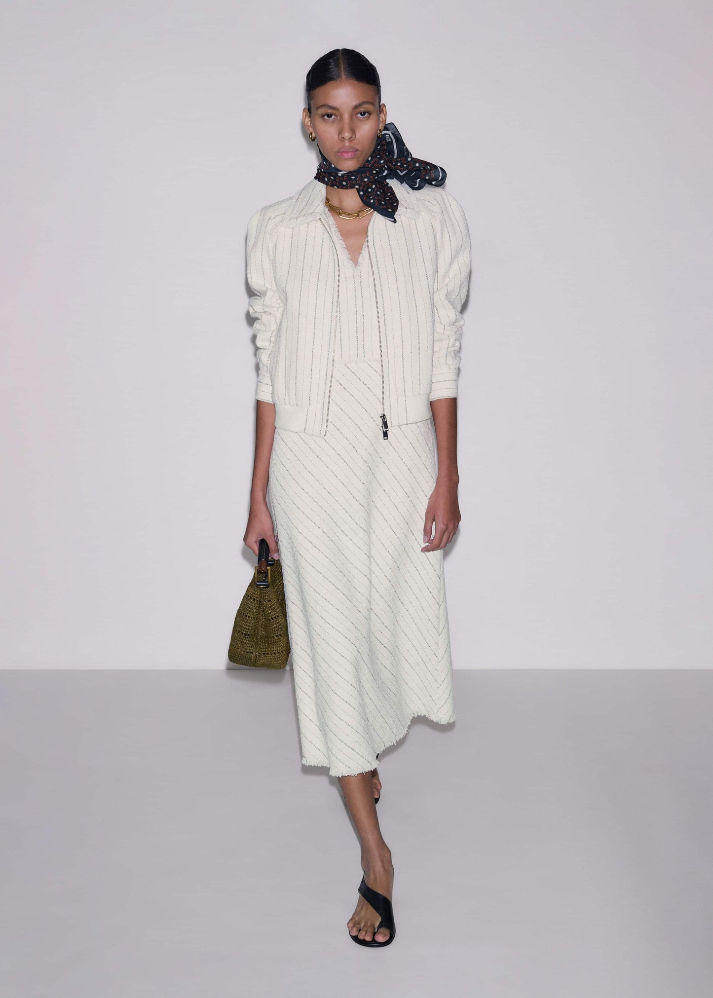 Ivory Striped Fit + Flare Midi Dress