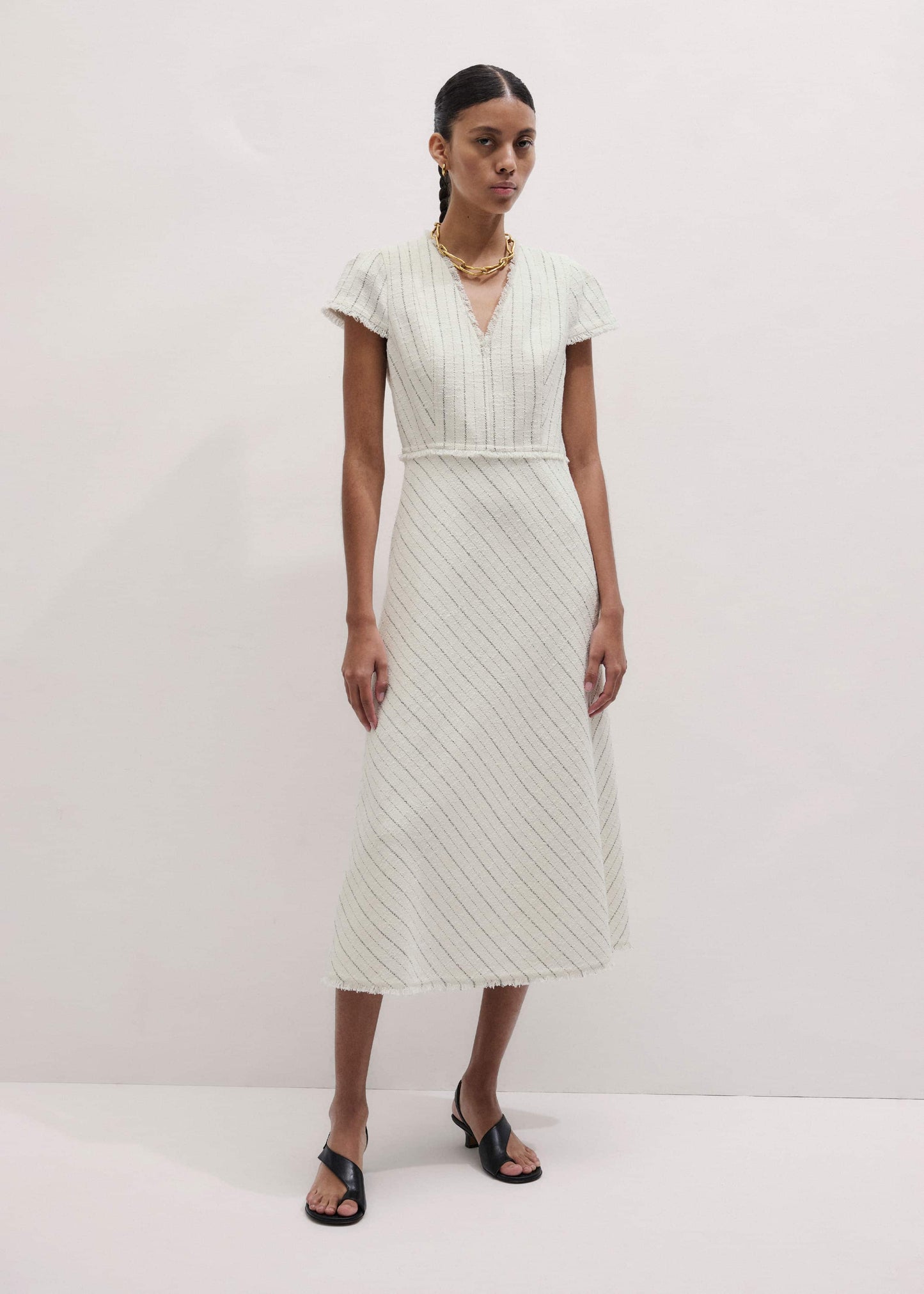 Ivory Striped Fit + Flare Midi Dress
