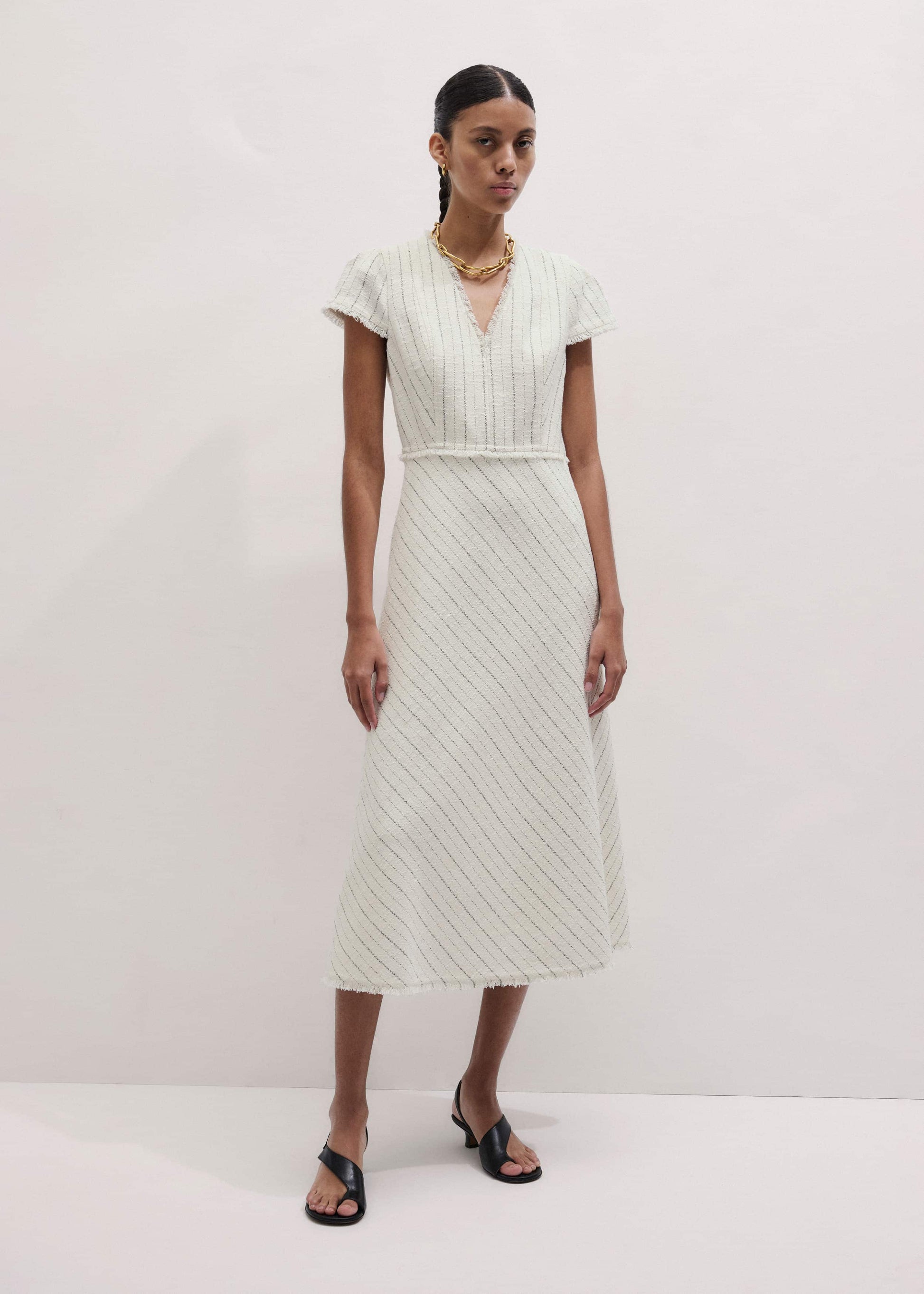 Ivory Striped Fit + Flare Midi Dress