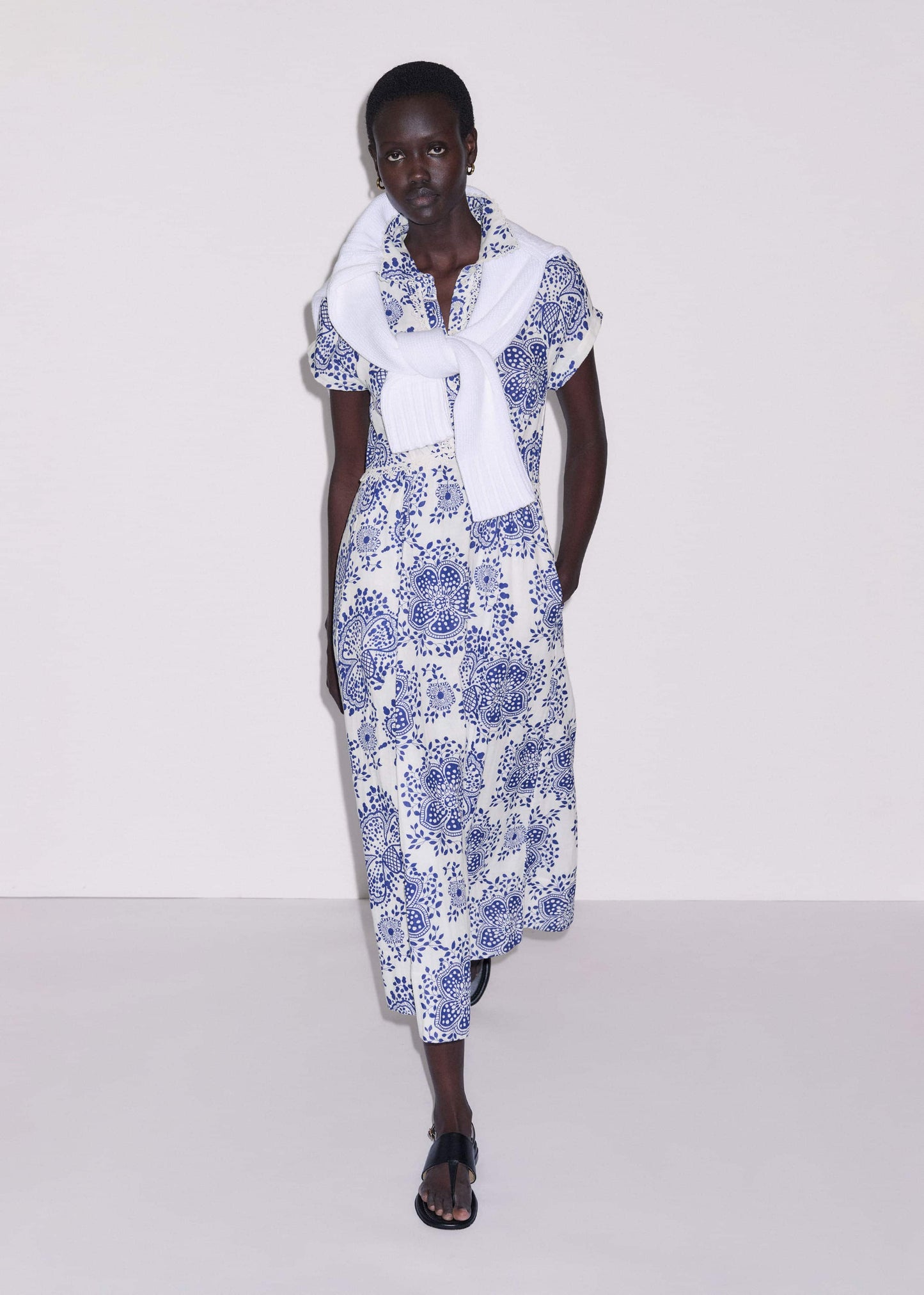 White Cheesecloth Fit + Flare In-Full-Bloom Print Midi Dress